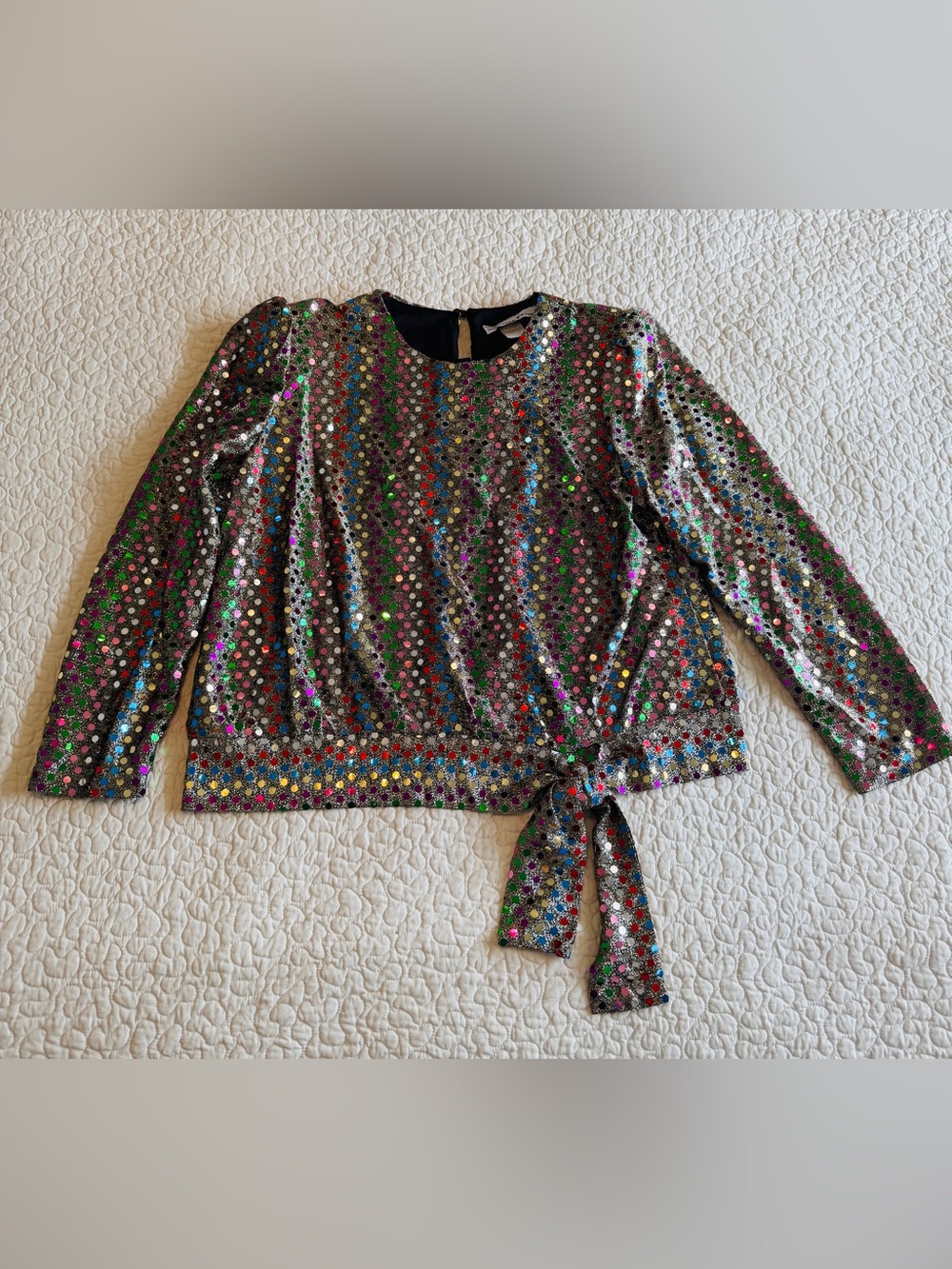 Vintage Another Thyme XL Metallic Sequin Polka Dot Blouse Tie Front Made USA 80s